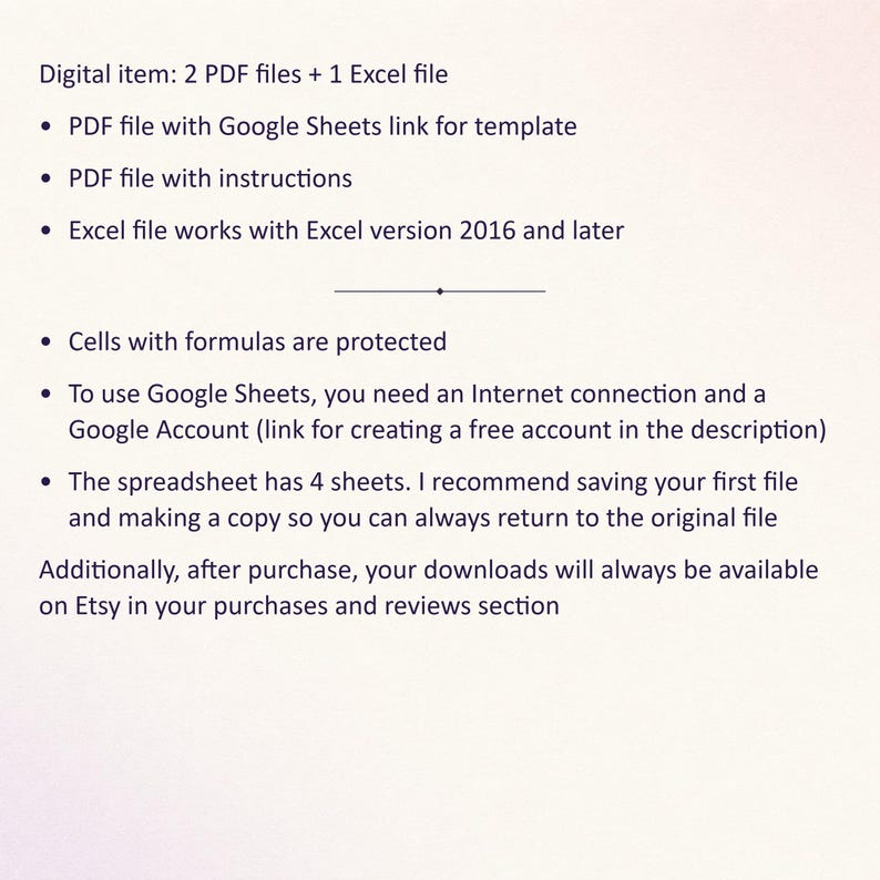 Puede incluir: Un art&iacute;culo digital que contiene dos archivos PDF y un archivo Excel. El texto detalla requisitos como un enlace a Google Sheets, instrucciones, compatibilidad con Excel 2016, celdas con f&oacute;rmulas protegidas y una estructura de cuatro hojas.