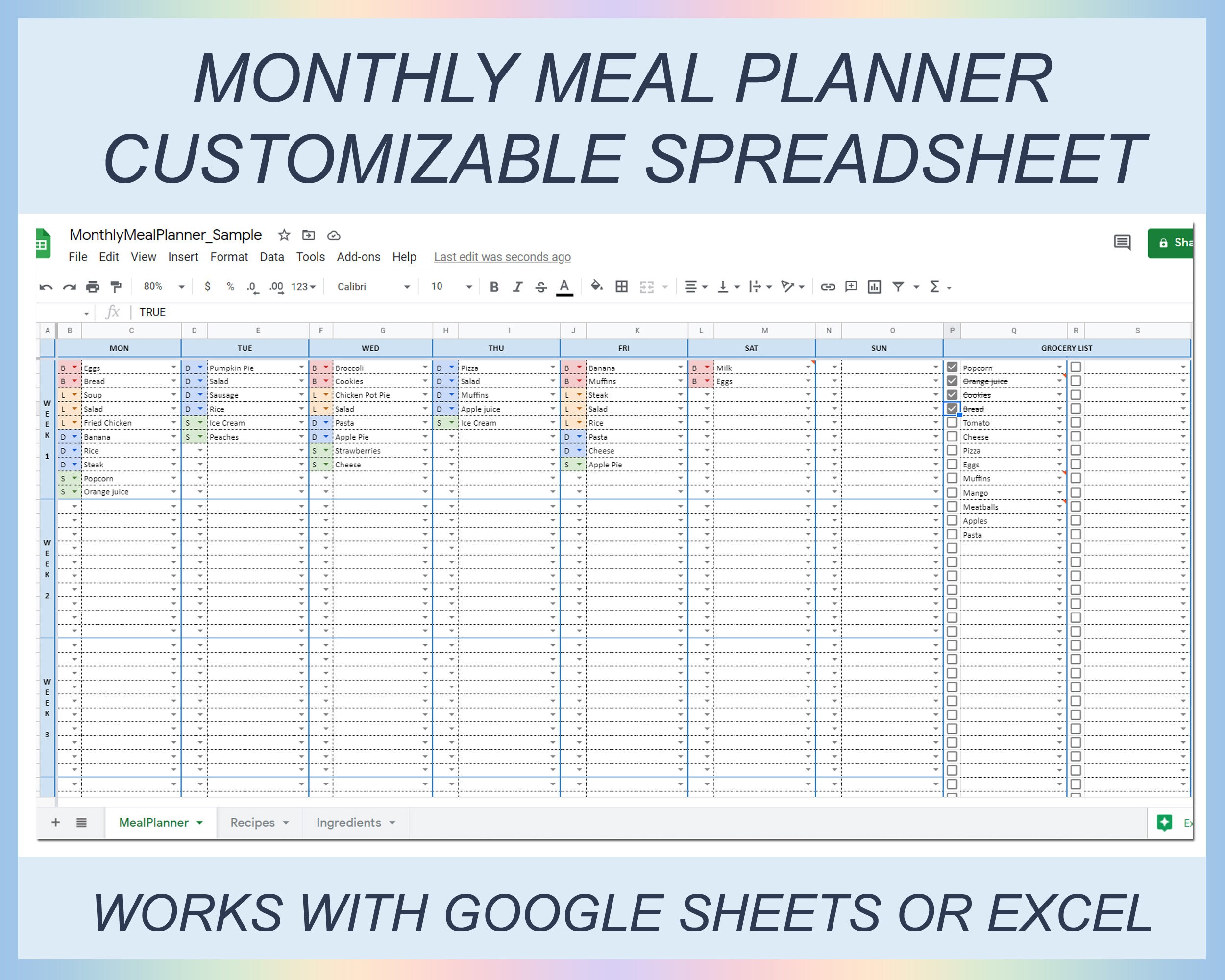 Monthly meal planner Grocery list Meal planner Excel Meal | Etsy