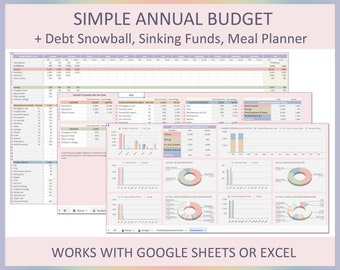 Simple yearly budget spreadsheet, Annual budget template, Personal budget, Budget planner, Household budget worksheet, Google Sheets, Excel