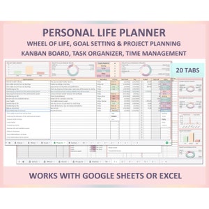 Puede incluir: Una plantilla de planificador digital colorido para la gestión de la vida personal. La plantilla incluye una rueda de la vida, establecimiento de objetivos, planificación de proyectos, un tablero Kanban, un organizador de tareas y secciones de gestión del tiempo. La plantilla está diseñada para funcionar con Google Sheets o Excel. El texto "20 Tabs" es visible en la esquina superior derecha de la imagen.