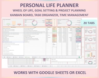 Personal project planner, Goal setting, Wheel of Life, Life planner, Kanban board, Task tracker, Productivity, Spreadsheet, Google sheets