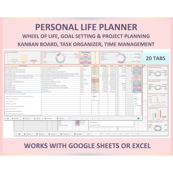 Personal project planner, Goal setting, Wheel of Life, Life planner, Kanban board, Task tracker, Productivity, Spreadsheet, Google sheets