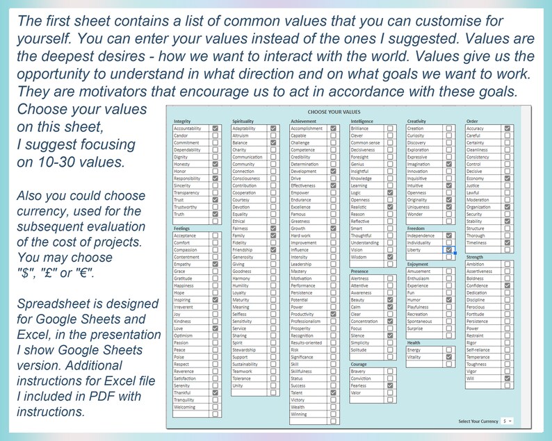 May include: A blue and white chart with a list of values to choose from. The chart is titled "Choose Your Values". The values are organized into categories such as Integrity, Spirituality, Achievement, Intelligence, Creativity, Order, Freedom, Employment, Strength, and Health. The chart is designed for use with Google Sheets and Excel.