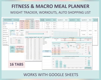Fitness planner spreadsheet, Workout planner, Macro diet meal planner, Weight loss tracker, Gym planner, Weight tracker chart, Fit planner