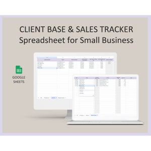 Puede incluir: Una captura de pantalla de una hoja de cálculo de Google Sheets con el título "CLIENT BASE & SALES TRACKER Spreadsheet for Small Business". La hoja de cálculo está dividida en dos secciones: "Clientes" y "Sales Tracker". La sección "Clientes" incluye columnas para el nombre del cliente, el correo electrónico, el número de teléfono, la fecha de inicio, la última fecha de seguimiento, el descuento personal y el total comprado. La sección "Sales Tracker" incluye columnas para la fecha, el cliente, el producto, el precio sugerido y las notas.