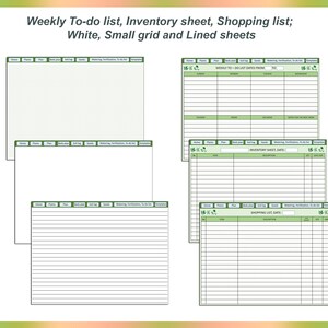 May include: Printable weekly to-do list, inventory sheet, and shopping list templates. The templates have a white background with green borders and headings. The to-do list has a small grid, the inventory sheet and shopping list have lined paper.