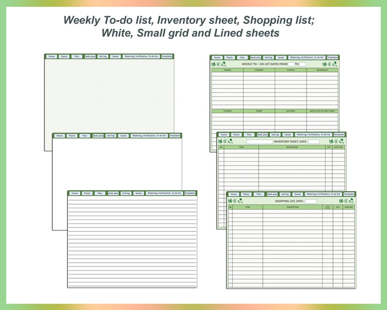 May include: Printable weekly to-do list, inventory sheet, and shopping list templates. The templates have a white background with green borders and headings. The to-do list has a small grid, the inventory sheet and shopping list have lined paper.