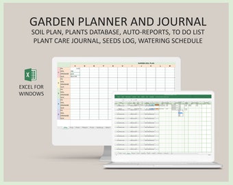 Excel garden planner, Plant care worksheet, Excel Plants journal, Watering schedule, Soil plan; Flowers, Seeds log, Template, Spreadsheet
