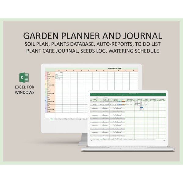 Excel garden planner, Plant care worksheet, Excel Plants journal, Watering schedule, Soil plan; Flowers, Seeds log, Template, Spreadsheet