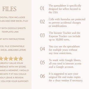 May include: A beige and brown image with the text "FILES" and a list of files included in a digital item. The files include two PDF files and one Excel file. The text "WONDERFUL ART BOUTIQUE" is on the right side of the image. The image also includes a five-star rating and a request for a review.