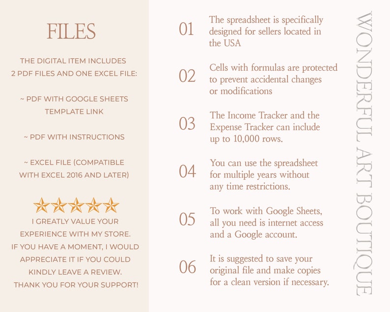 May include: A beige and brown image with the text "FILES" and a list of files included in a digital item. The files include two PDF files and one Excel file. The text "WONDERFUL ART BOUTIQUE" is on the right side of the image. The image also includes a five-star rating and a request for a review.