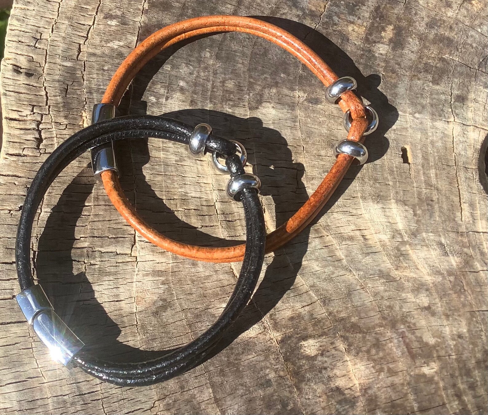 Genuine leather cord bracelet stainless steel link two Etsy