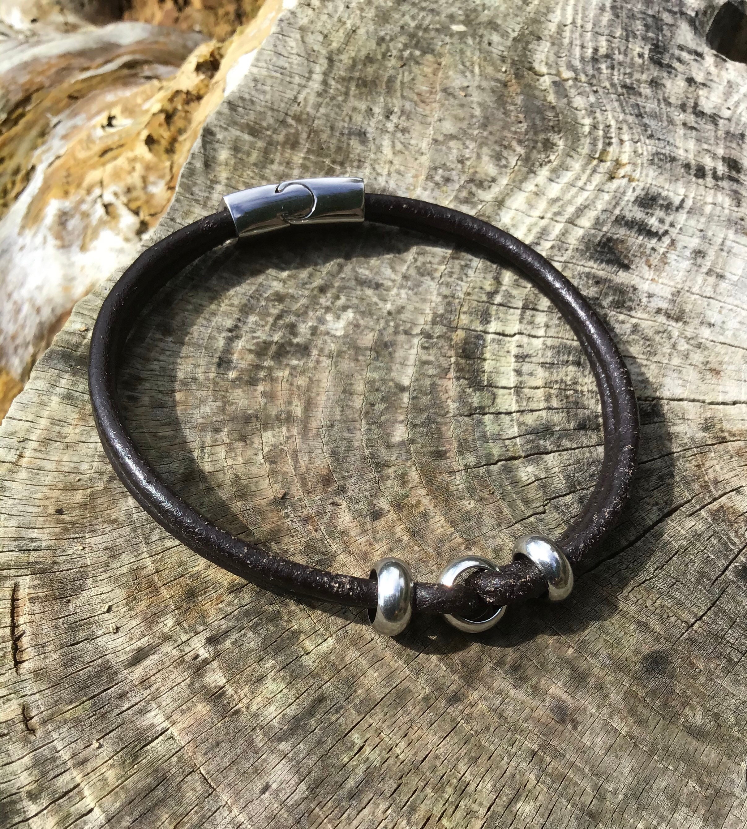 Genuine leather cord bracelet stainless steel link two Etsy