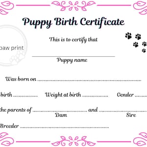 Geboorteakte puppy, geboorteakte hond, geboorteakte huisdier, geboorteformulier fokker - roze en blauwe rand - voor jou gedrukt