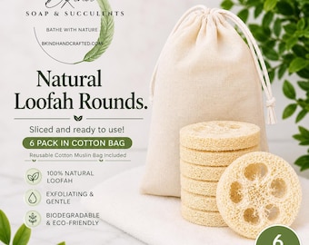Sliced Loofah Discs (6 Pack with Cotton Muslin Bag), Natural Exfoliating Sponge, Soap Saver,  Eco-Friendly Shower Scrubber, Zero Waste Bath