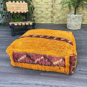 Vintage Moroccan Wool Pouf Cover: Orange Kilim Floor Cushion, Handmade