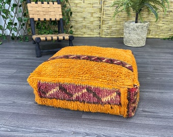 Vintage marokkanischer Bodenkissenbezug, marokkanischer orangefarbener Pouf, osmanisches Sofakissen, marokkanischer Kelim-Pouf, großes Sitzkissen, handgefertigter Woll-Pouf