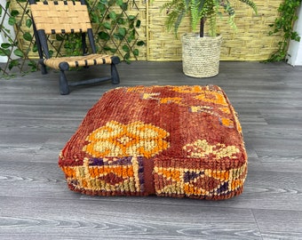 Orange Vintage Floor Cushion, Moroccan Floor Cushion cover, Boujaad Rug, Area Seating Cushion, Moroccan Pouf Wool Cushion, Moroccan Ottoman