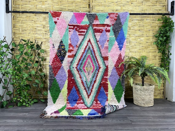 Moroccan Boucherouite Rug , Vintage Berber Handwoven Carpet, Colorful Boucherouite Rug