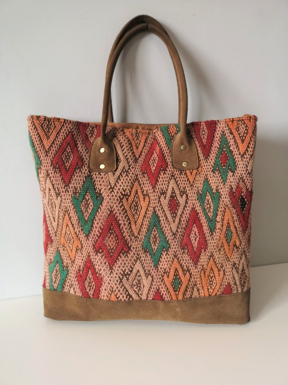 Large Suede Handbag, Suede Tote Bag, Bohemian Tote Bag, Camel Suede Shoulder Bags, Tote Bag For Women, Laptop tote, Kilim Moroccan Rug
