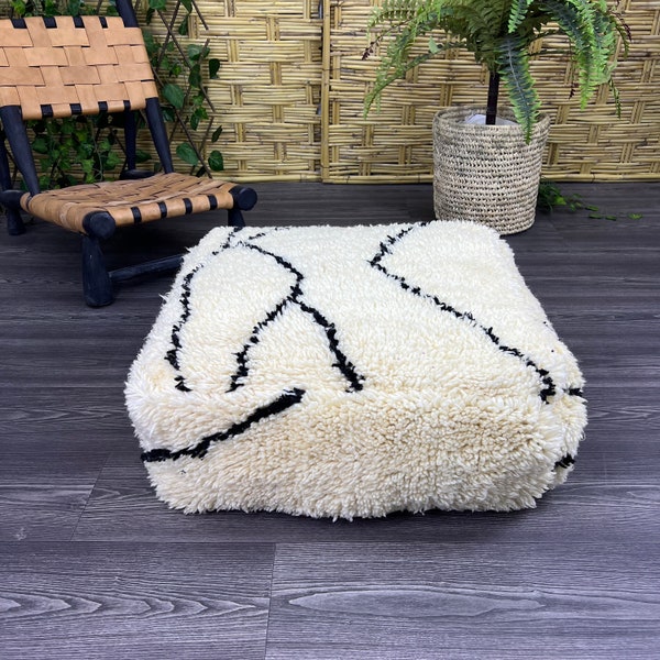 Moroccan floor cushion , Wool Handwoven Pouf , White Fluffy pouf, bodenkissen boho - Large Square Floor Cushion, cover cushion ottoman