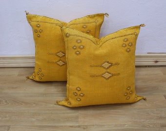 Mustard silk pillow, Moroccan Sabra cushion, handmade cactus silk pillow, Berber Sabra cushion, Yellow Pillow Throw, Lumbar Sabra Cushion