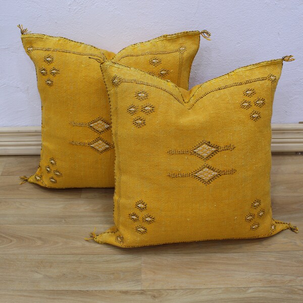 Mustard silk pillow, Moroccan Sabra cushion, handmade cactus silk pillow, Berber Sabra cushion, Yellow Pillow Throw, Lumbar Sabra Cushion