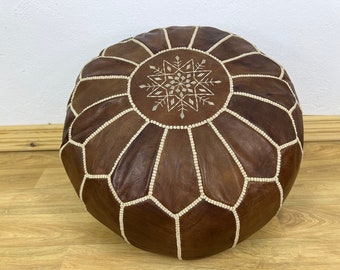 Moroccan Leather pouf, Brown Ottoman pouf cover, Handcrafted Moroccan pouf, Leather floor cushion, Decorative Handmade pouf