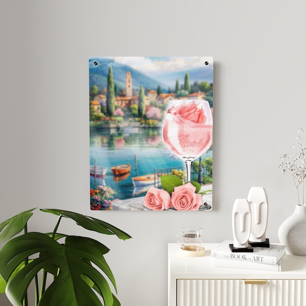 Italian Landscape Print on Acrylic Art Panel Pink Rose Floral Wine Glass Lake Como Lakeside Romantic Mediterranean Travel Wall Art