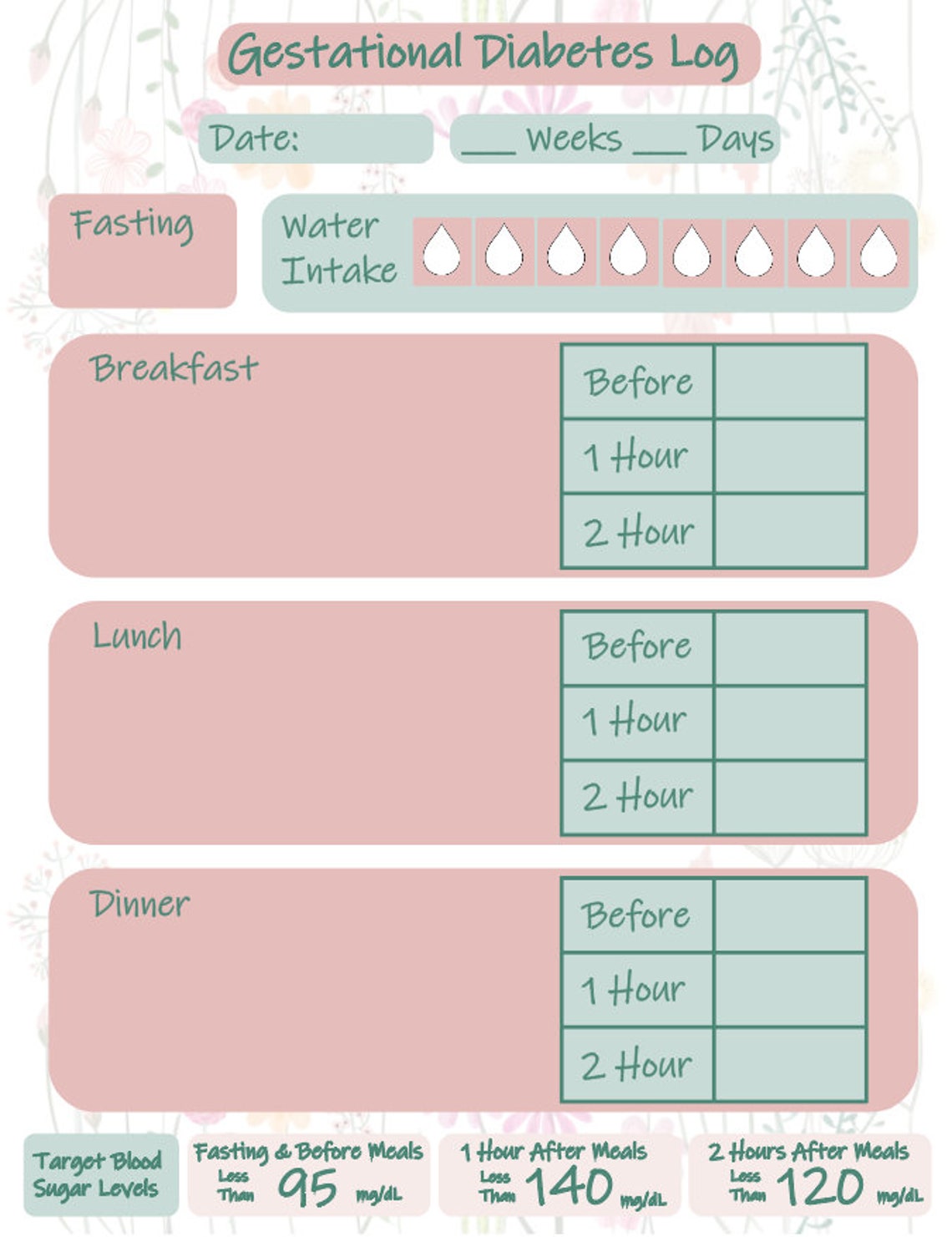 Gestational Diabetes Log Blood Sugar Tracker Pregnancy Etsy