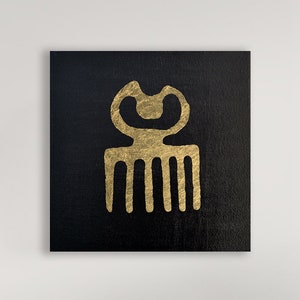 Pente de cabelo com símbolos de arte de parede Adinkra, pintura a óleo sobre tela preta, símbolo de folha de ouro 24k