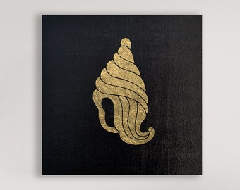 Shell Wall Art Symbol, Peinture à l’huile sur toile noire, feuille d’or 24 carats