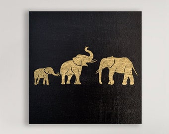 Elephant Wall Art Gold, Toile de peinture à l’huile, feuille d’or 24 carats sur décor mural noir