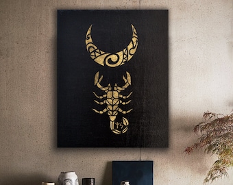 Scorpio Zodiac Sign Gift Wall Art 24k Gold, Scorpio Astrology Runes 24k Gold leaf Oil painting on black canvas, Scorpio, Zodiac symbol