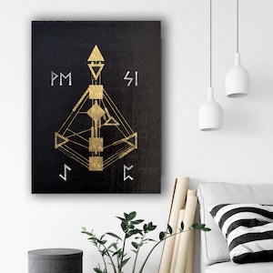 Cuadro de diseño humano y runas de protección de Bodygraph personalizado en pan de oro de 24 y 12 quilates, pintura al óleo sobre lienzo negro, arte de pared