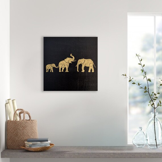 Elephant Wall Art Gold, Oil painting canvas, 24k Gold leaf on black Wall Decor