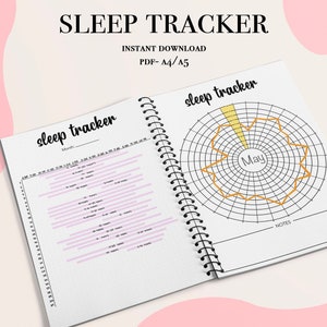 Puede incluir: Un rastreador de sueño imprimible con un registro mensual y un gráfico circular para rastrear los patrones de sueño. El gráfico está etiquetado como "Mayo" y tiene una línea amarilla que indica las horas de sueño. El imprimible está disponible en tamaños A4 y A5.