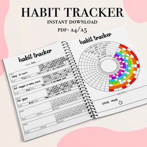 Könnte beinhalten: Ein schwarz-weißer druckbarer Habit-Tracker mit einem regenbogenfarbenen Kreisdiagramm. Der Tracker enthält Abschnitte für "8 Stunden Schlaf", "Gemüse zu jeder Mahlzeit essen", "Yoga machen" und "Mehr lächeln".
