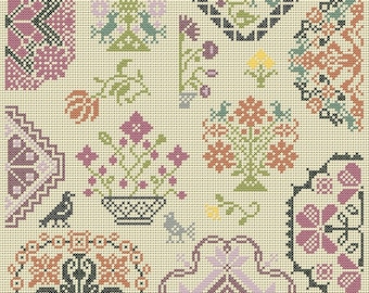 Quaker Cross Stitch Sampler PDF chart/pattern using original Quaker motifs