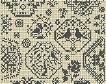 Quaker Cross Stitch Sampler PDF chart using original Quaker motifs
