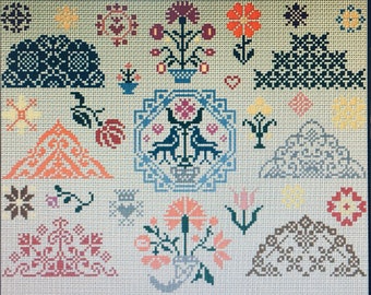 Quaker Cross Stitch Sampler chart/pattern using original Quaker motifs