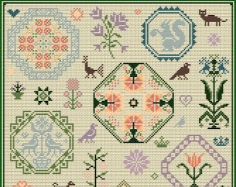 Grafico/modello Quaker Cross Stitch Sampler utilizzando motivi Quaker originali