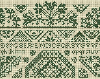 Quaker Cross Stitch Sampler PDF chart/pattern using original Quaker motifs