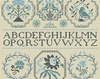 Quaker Cross Stitch Sampler PDF chart using original Quaker motifs and medallions