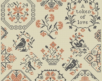 Quaker Cross Stitch Sampler PDF chart using original Quaker motif patterns