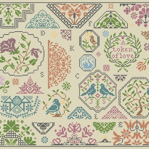 May include: A cross-stitch sampler featuring a range of colourful designs, including birds, flowers, and geometric patterns. The sampler includes the text "A token of love".