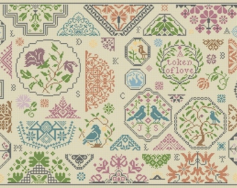 Quaker Sampler in cross stitch PDF chart using original Quaker motif patterns