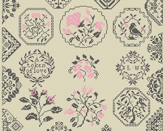 Quaker Cross Stitch Sampler PDF chart using original motif patterns