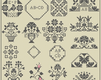 Quaker Cross Stitch Sampler PDF chart/pattern using original Quaker motifs