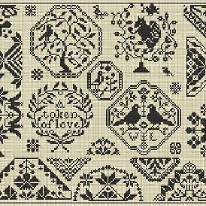 May include: Black and white cross-stitch sampler featuring a variety of designs, including birds, flowers, and geometric patterns. The sampler includes the text "A Token of Love".